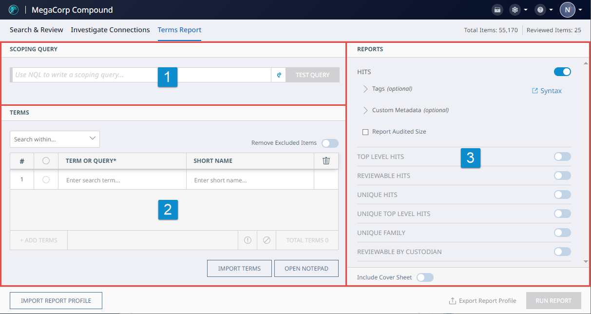Search Term Reporting view; the sections of the view are identified with numbers.